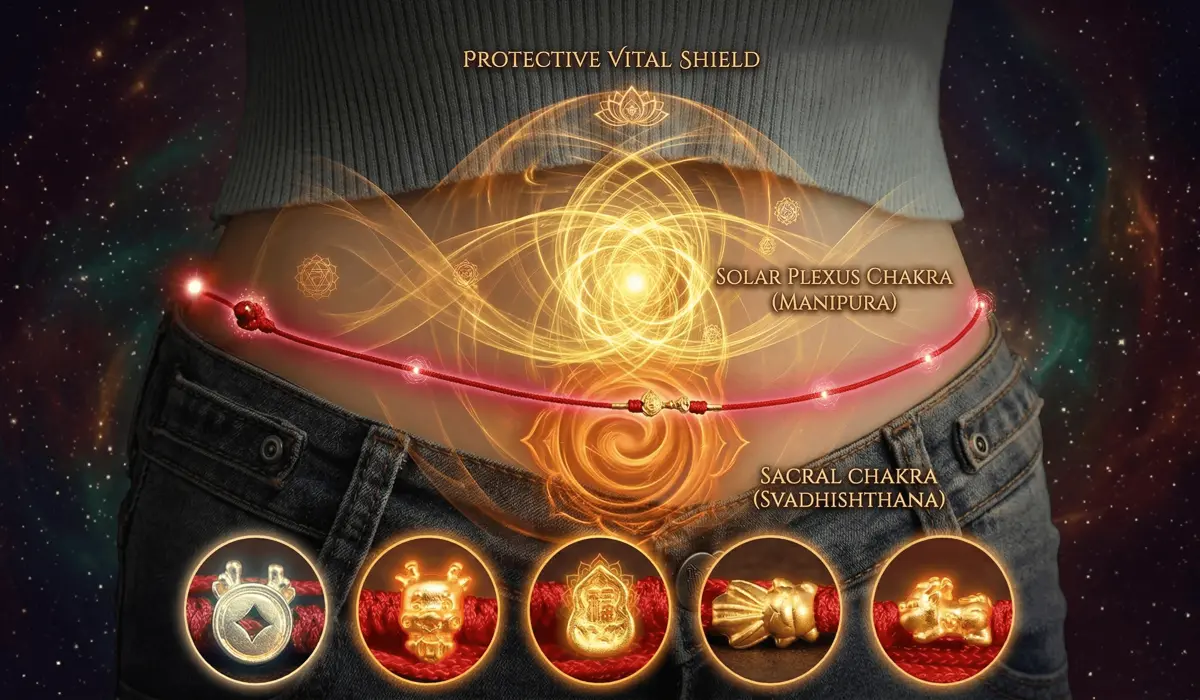 Spiritual illustration showing a red string belly chain protecting the solar plexus and sacral chakras with golden energy.