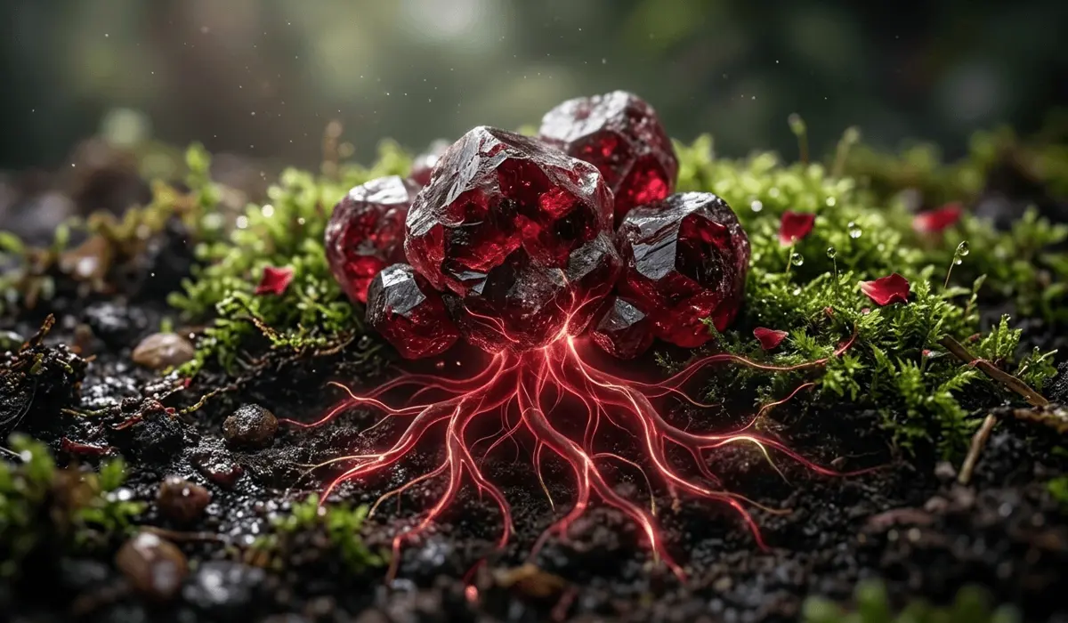 A raw red garnet crystal on dark soil with glowing red energy roots representing Root Chakra grounding.