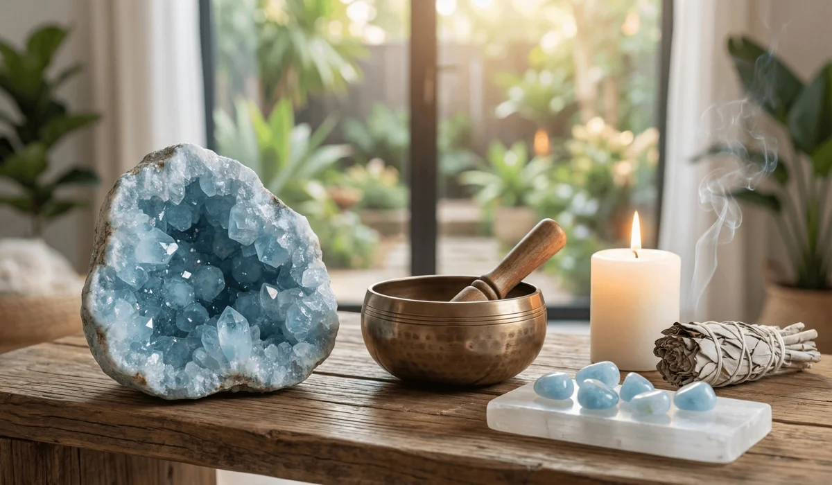 Aquamarine crystal placed in a home setting for peace, shown with cleansing tools like sage and selenite.