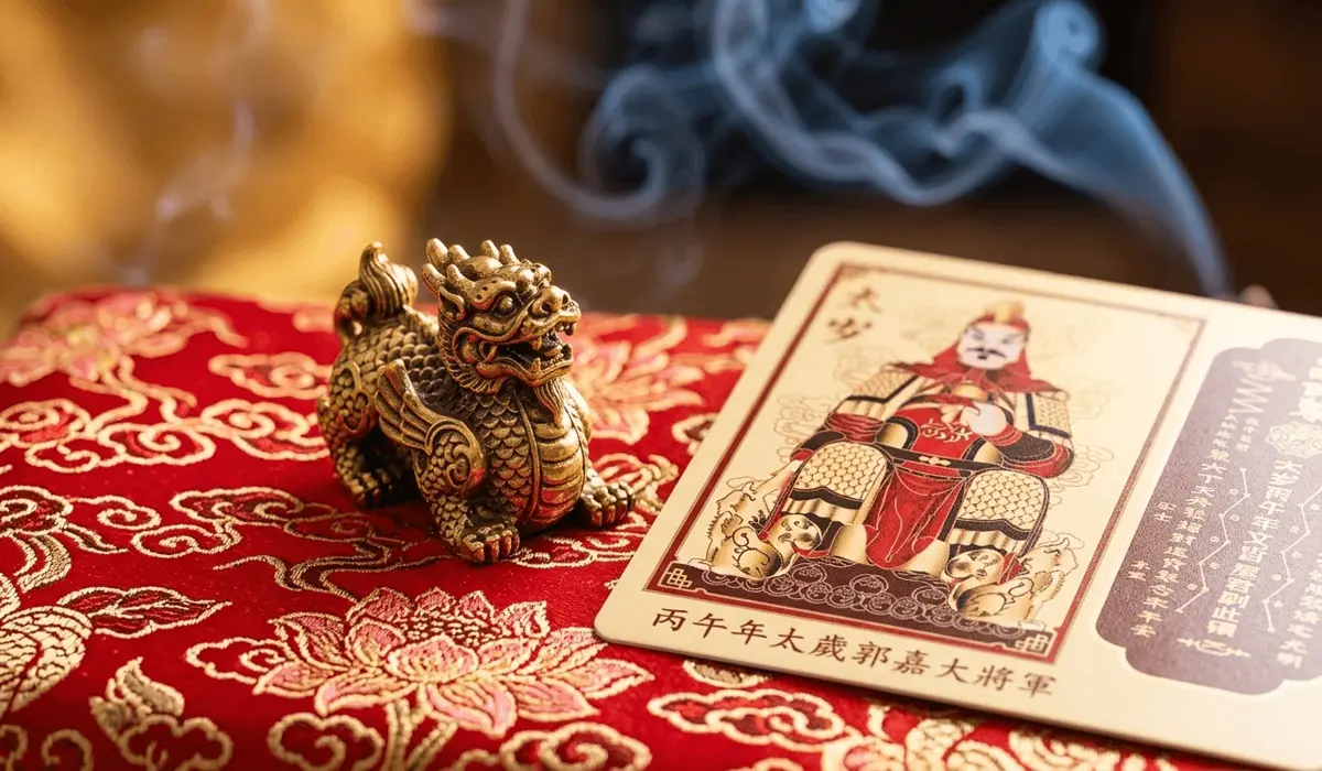Traditional 2026 Tai Sui protection amulets including Pi Yao and General Guo Jia talisman for the Horse year.