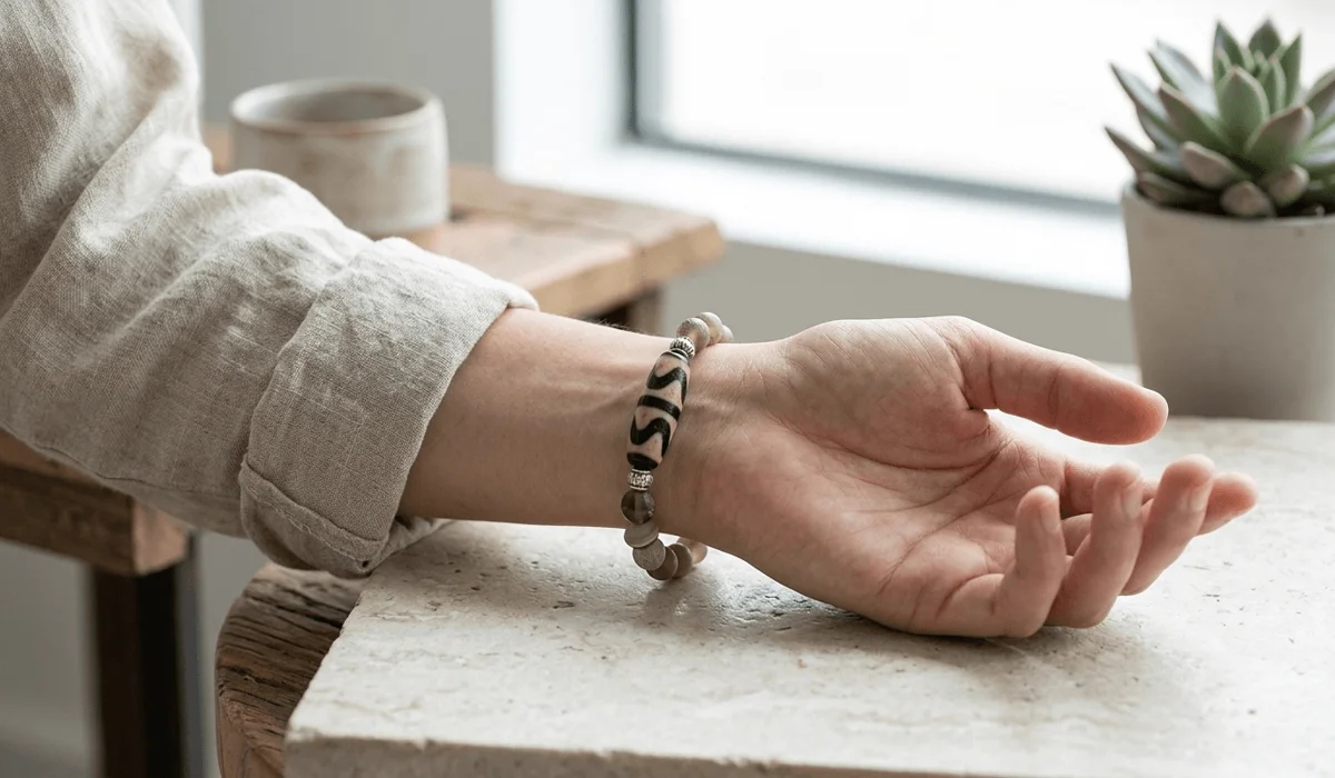 A Dzi bead bracelet worn on the left wrist to receive protective energy, following traditional energy logic for spiritual jewelry.