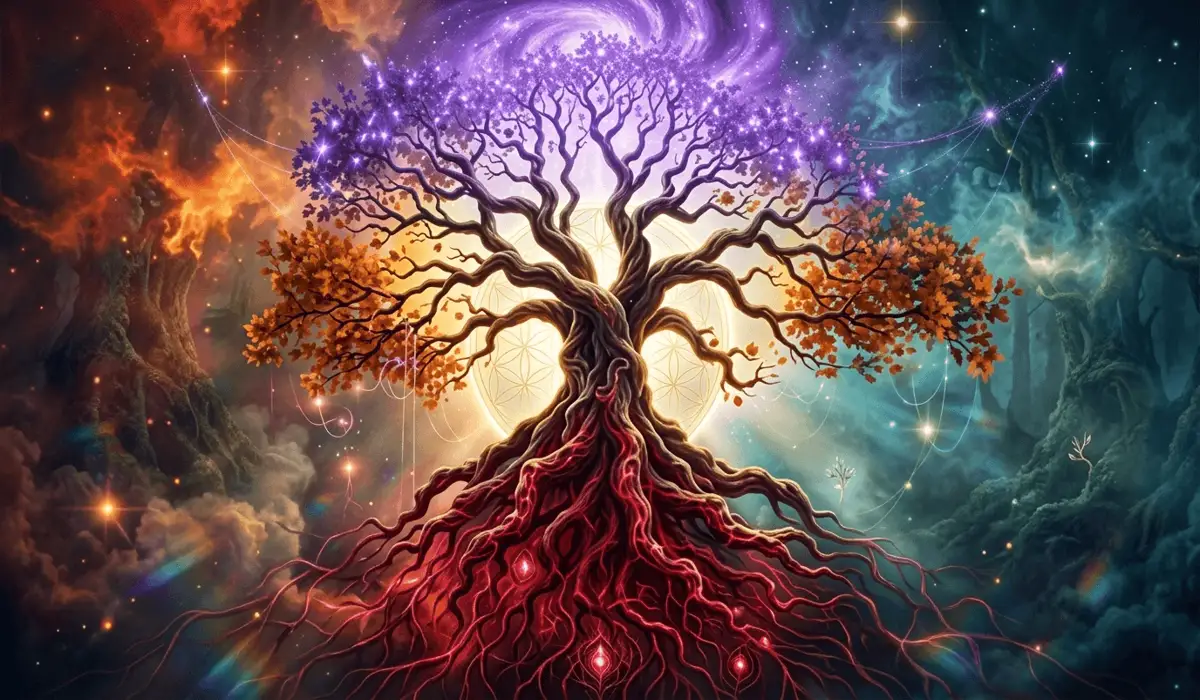 Digital art of a glowing Tree of Life symbol with red roots for the Root Chakra and celestial branches.