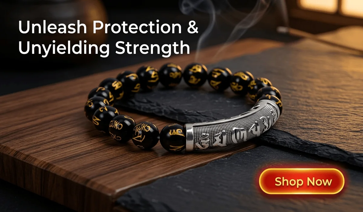 Obsidian Guardian Mantra Bracelet with black beads, gold inscriptions, and silver carved tube on a dark Zen stone background