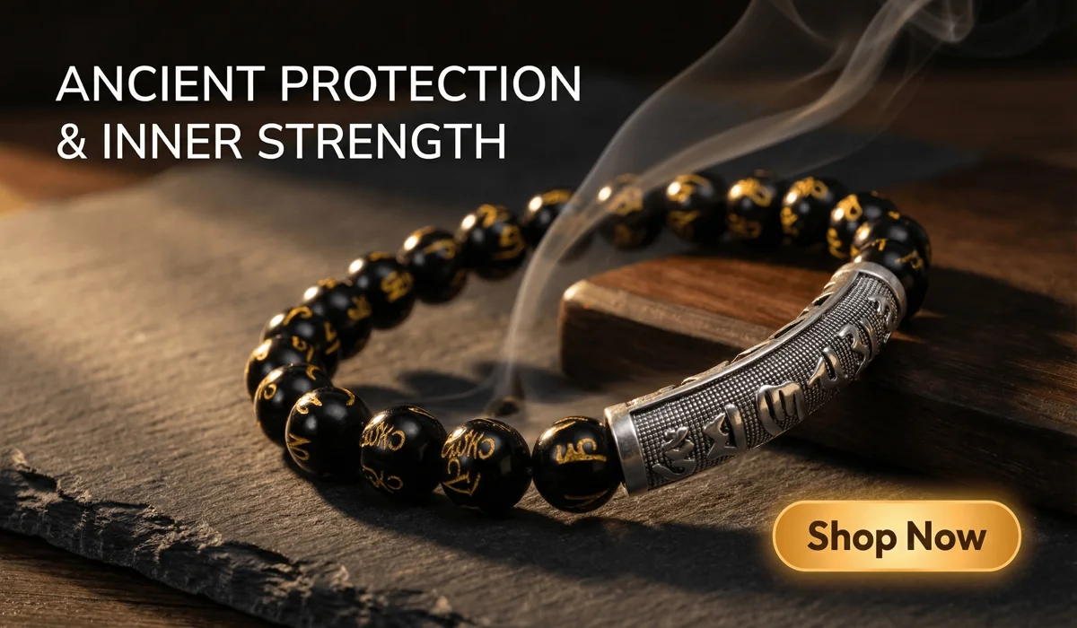 Obsidian Guardian Mantra Bracelet for protection and strength, featuring gold-etched beads and a silver mantra tube on a luxury zen background with a Shop Now button.