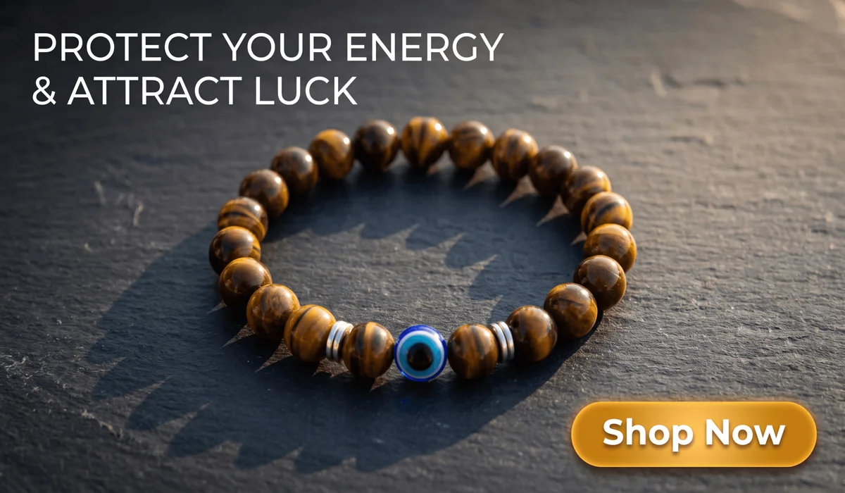 Negativity-Blocking Evil-Eye Tiger's Eye Bracelet on a luxury background with a Shop Now button, representing protection and steady luck.