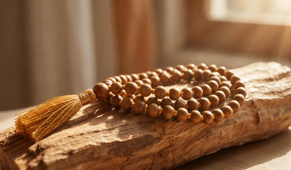 Authentic 108 sandalwood mala beads resting on raw aromatic Santalum heartwood in warm morning sunlight.