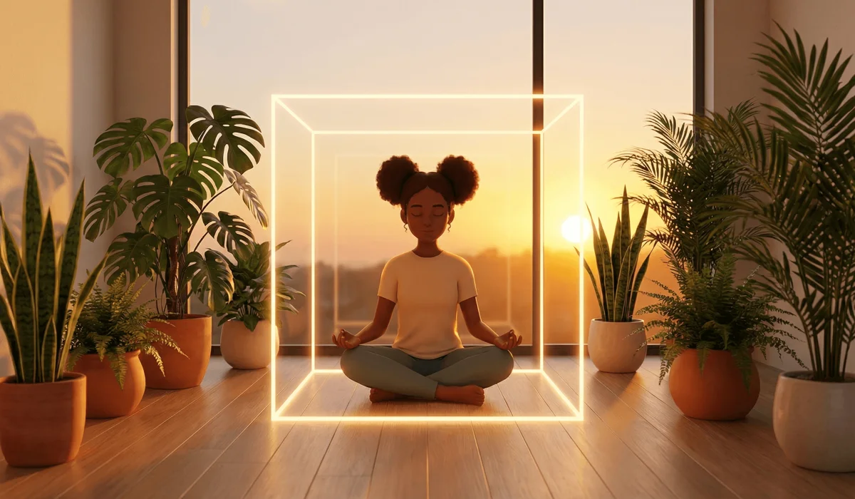 A person practicing square breathing meditation with a glowing geometric square representing the stability of 444.