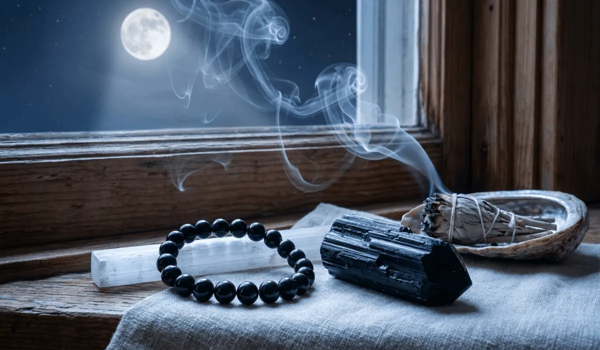 Black Tourmaline bracelet and raw crystal being cleansed with sage smoke and moonlight on a windowsill.