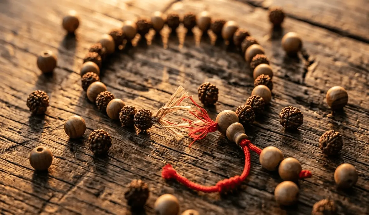 A broken Tibetan mala with sandalwood beads scattering on a wooden surface, symbolizing the release of old energy and the completion of a spiritual cycle.