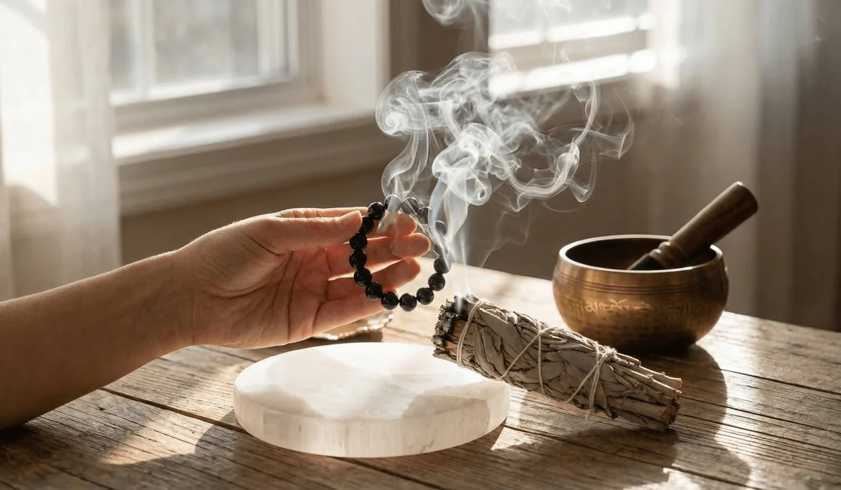A spiritual cleansing ritual showing a Feng Shui bracelet being purified with sage smoke to remove negative energy.