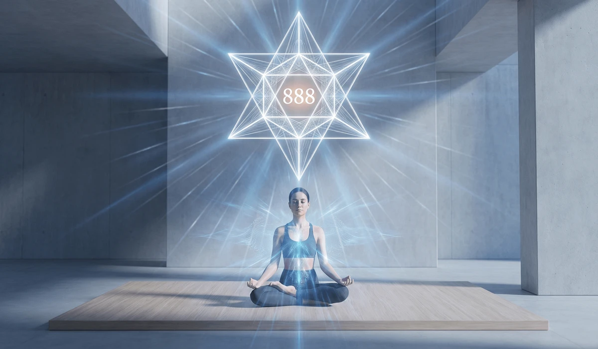 A person meditating with a glowing Merkabah star and the angel number 888, illustrating spiritual rituals and vibrational alignment.