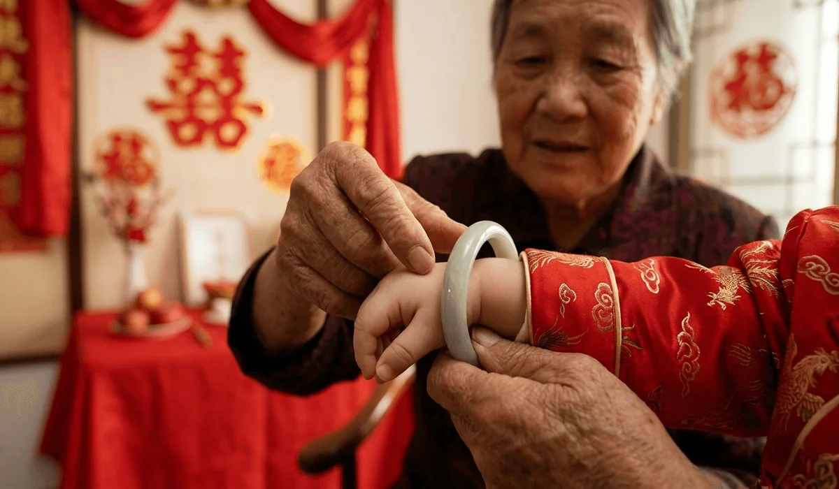 A grandparent placing a protective jade bracelet on a baby's left hand during a traditional family ceremony.