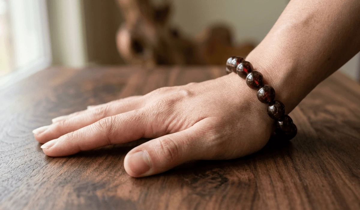 A person wearing a red garnet bracelet to enhance manifestation energy and physical stability.