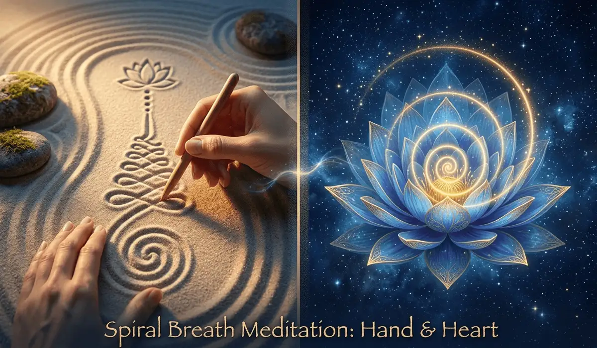 Meditation ritual featuring the Unalome symbol and a blooming blue lotus to represent the path to enlightenment.