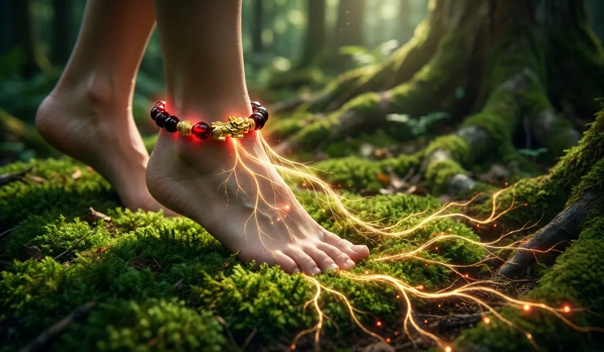An artistic representation of a Pixiu anklet providing grounding energy and root chakra alignment through the feet into the earth.