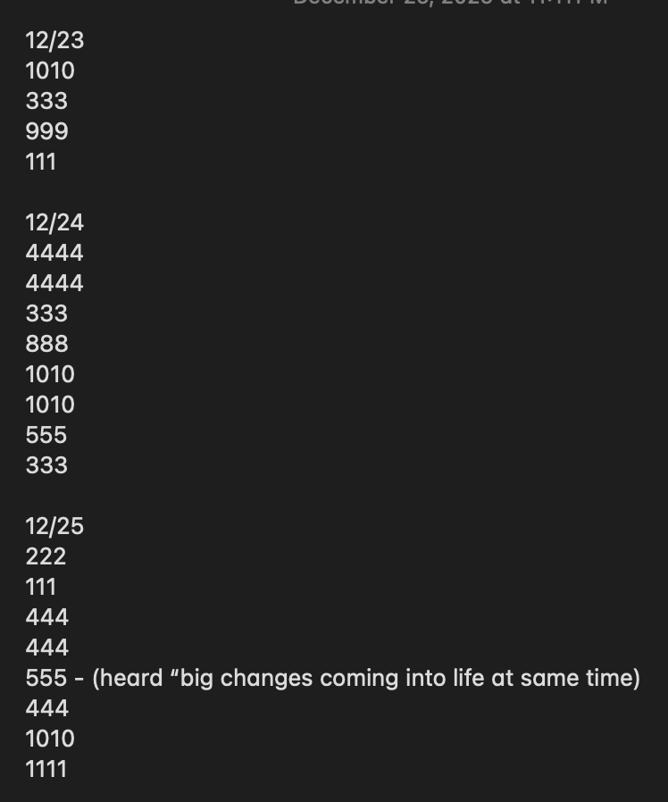 Reddit user sharing a log of angel numbers including 1010 and 555 indicating life changes.