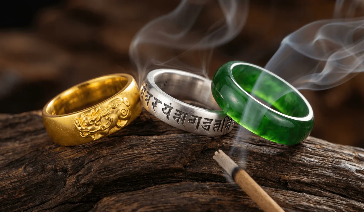 A collection of Feng Shui rings in gold, silver, and jade symbolizing wealth and protection on a Zen wooden background.