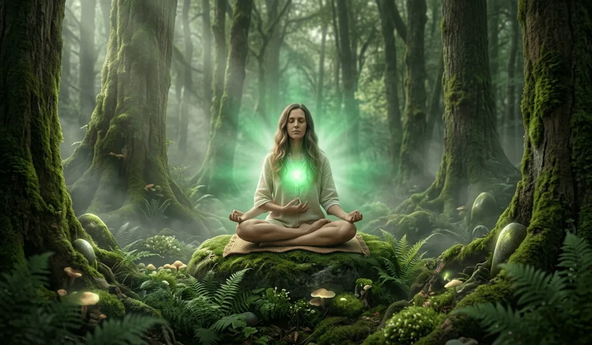 Spiritual visualization of Heart Chakra meditation with Green Aventurine showing a glowing green light for emotional receptivity.