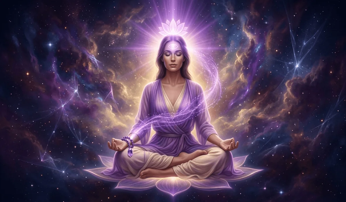Amethyst wrist mala aligning with the Third Eye and Crown Chakras for spiritual growth and aura protection.