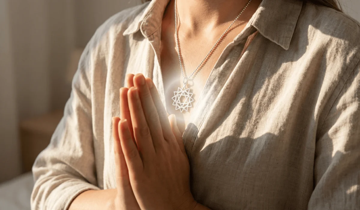 A Star of David protection talisman worn as a necklace to enhance heart chakra alignment and spiritual unity.