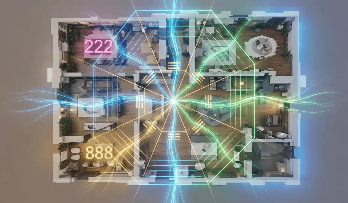 Feng Shui floor plan layout with angel number placements and energy flow visualization.