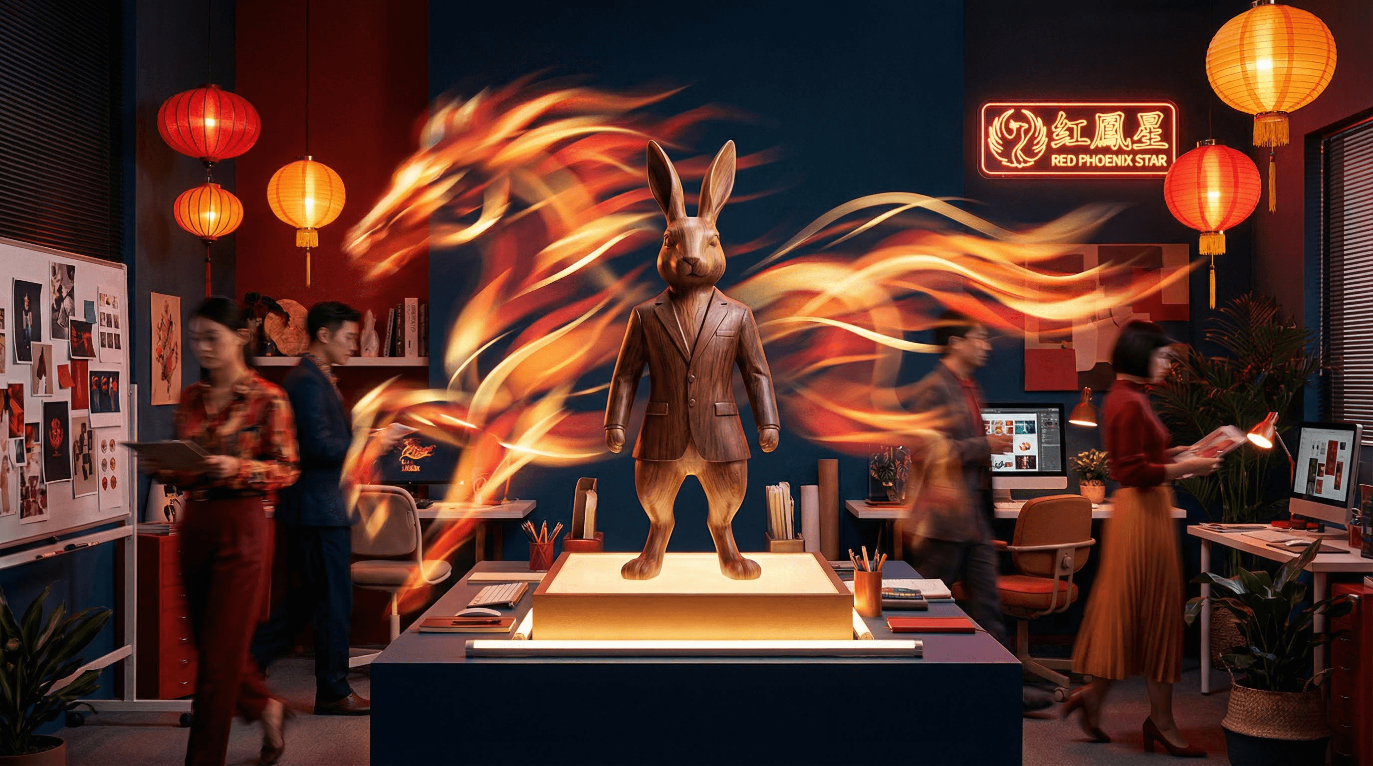 A Rabbit standing confidently in a modern office illuminated by red-hued light and lanterns symbolizing professional breakthroughs.