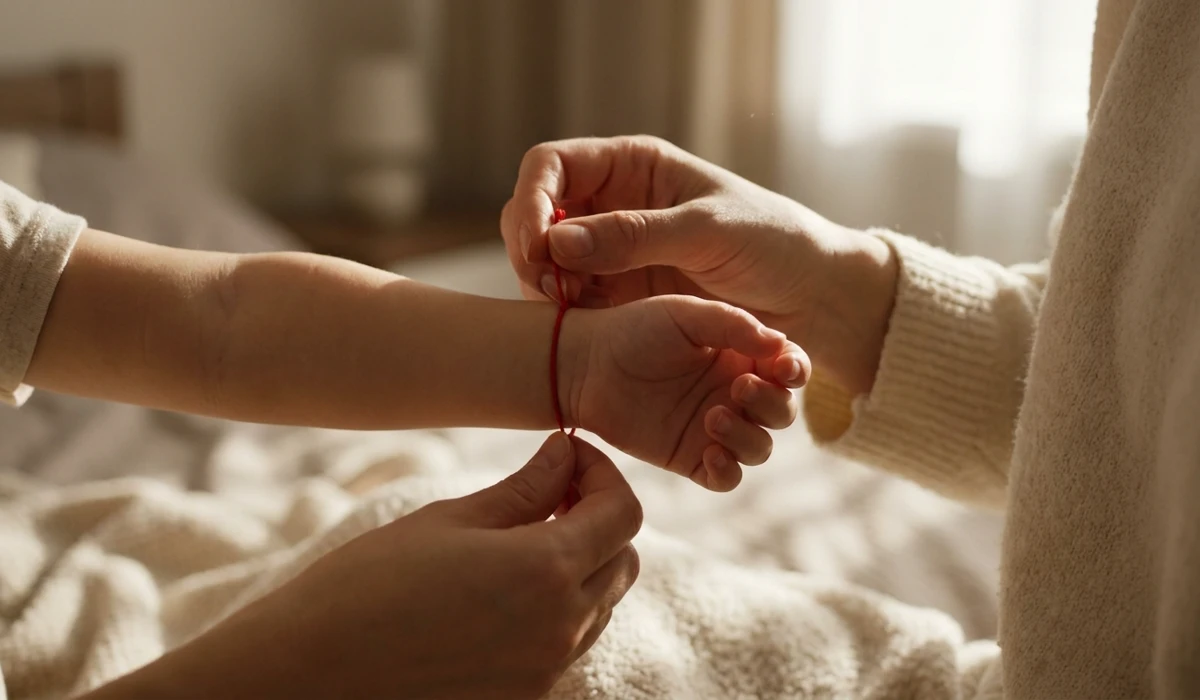 A mother tying a red protection bracelet on her child's left wrist, focusing on the spiritual ritual of protection.