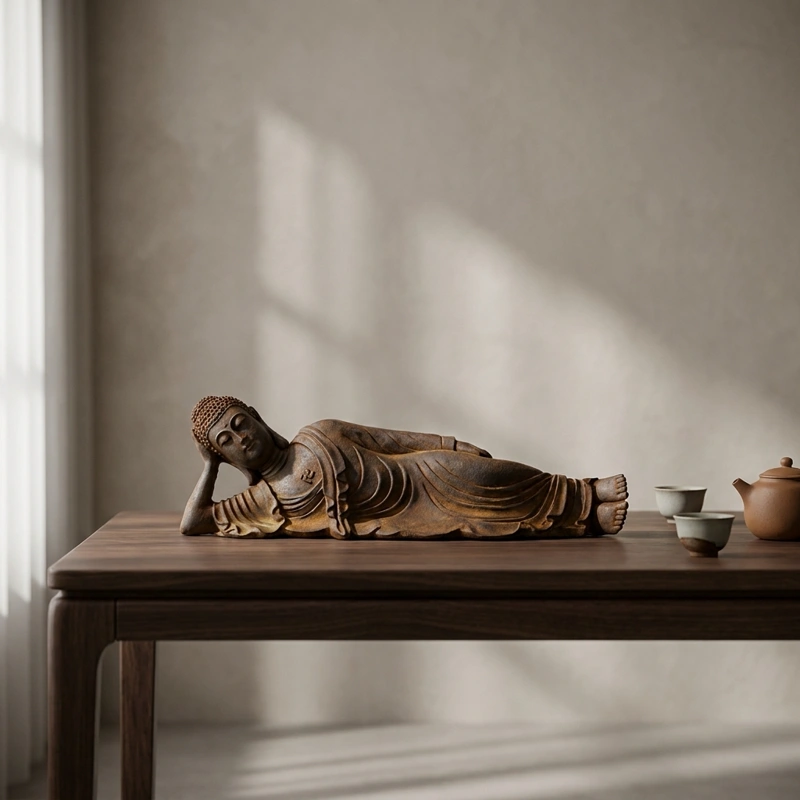 Natural Rust Iron & Resin Reclining Buddha Statue for Inner Peace & Spiritual Protection