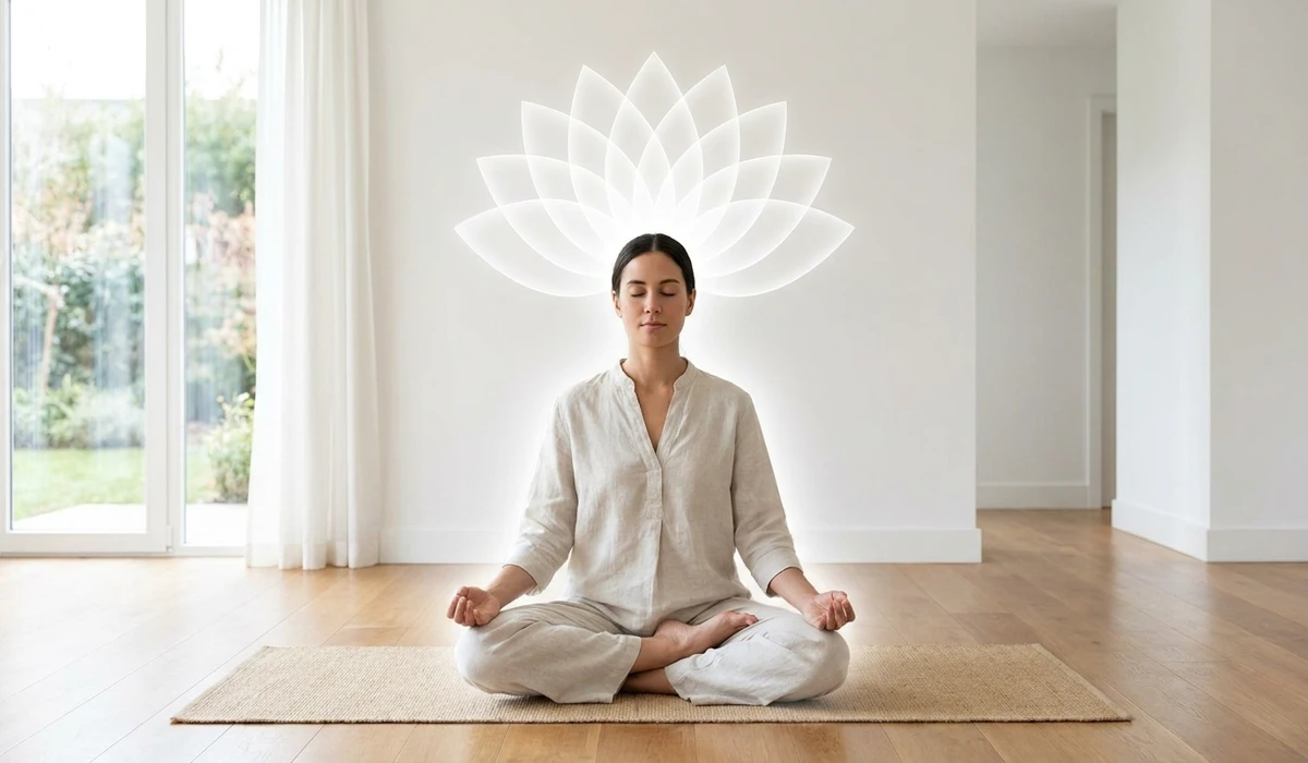 A practitioner in a state of spiritual transcendence and balance after completing the 7 chakra mantra meditation.