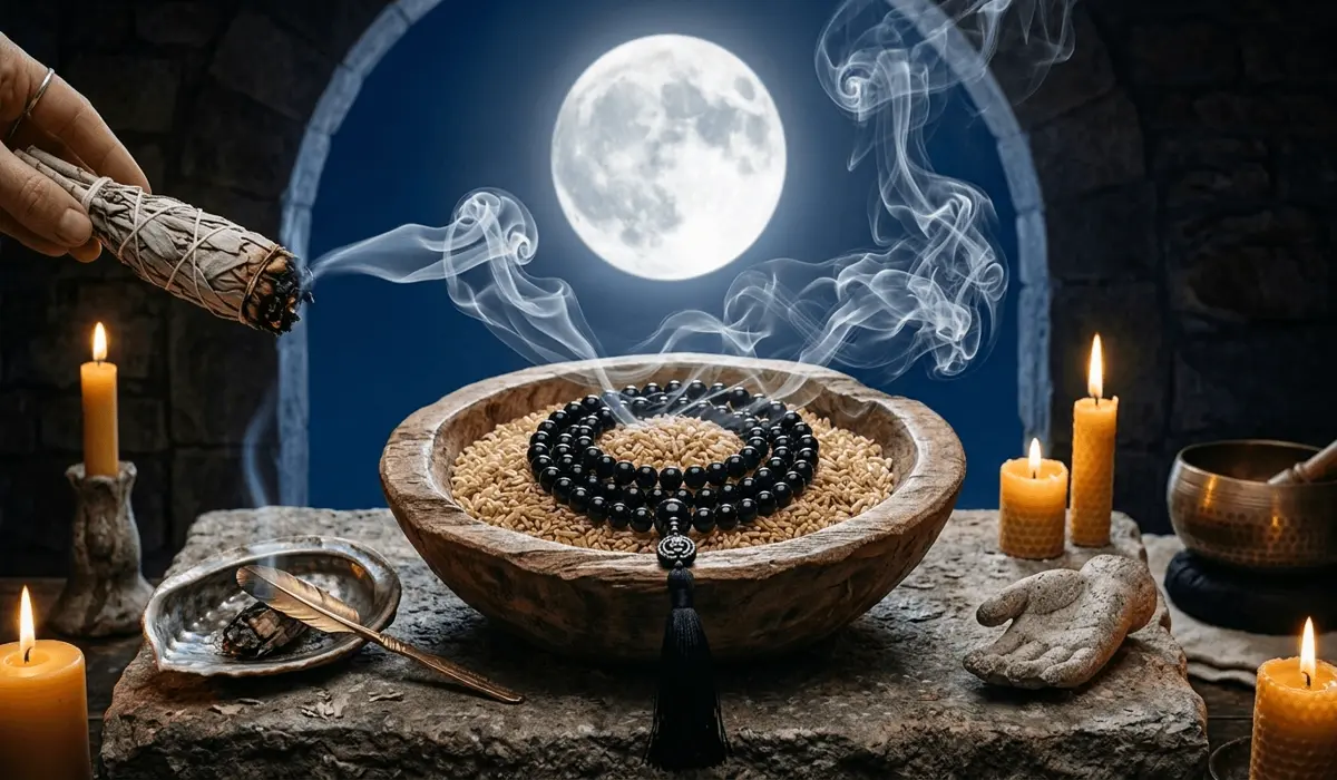 Cleansing ritual of black obsidian mala beads using white sage smoke and full moon light to recharge grounding energy.