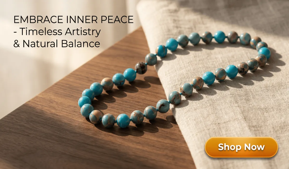 Shoushan Serenity Necklace with blue and jasper stone beads displayed on a minimalist zen background, featuring a Shop Now button for a luxury jewelry blog.