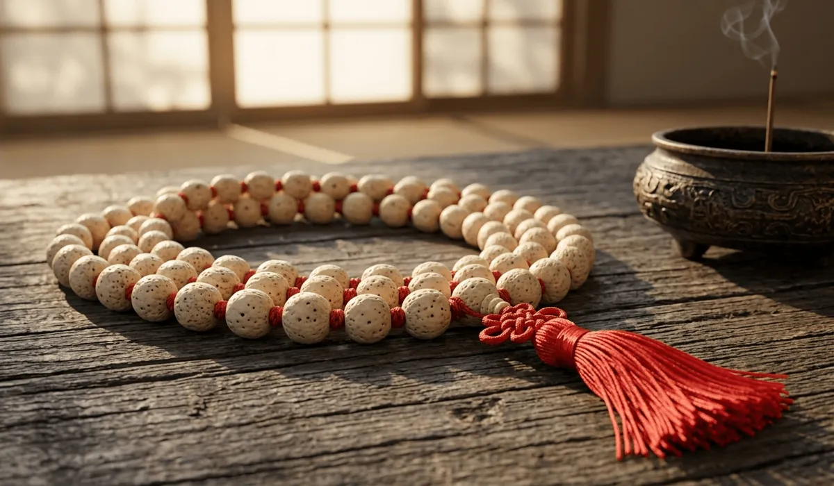 Close-up of traditional 108 lotus seed mala beads for Japa meditation showing the natural texture of Nelumbo nucifera seeds.