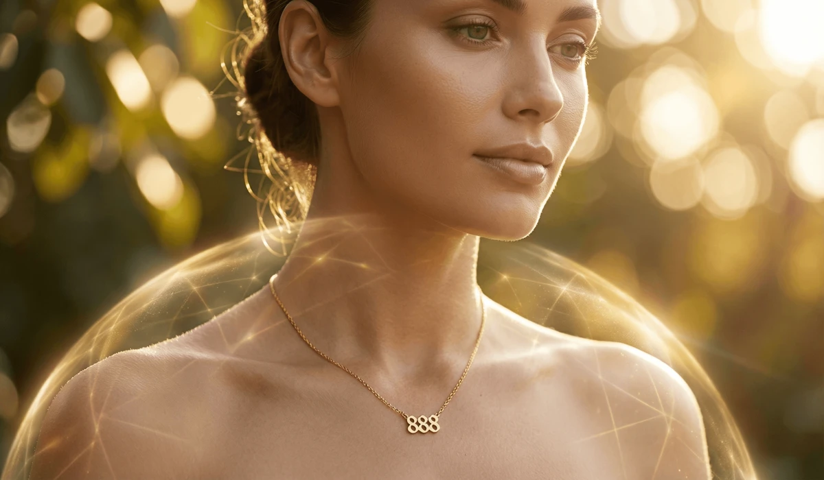 A woman wearing a gold 888 angel number necklace, representing manifestation energy and the modern use of spiritual amulets.