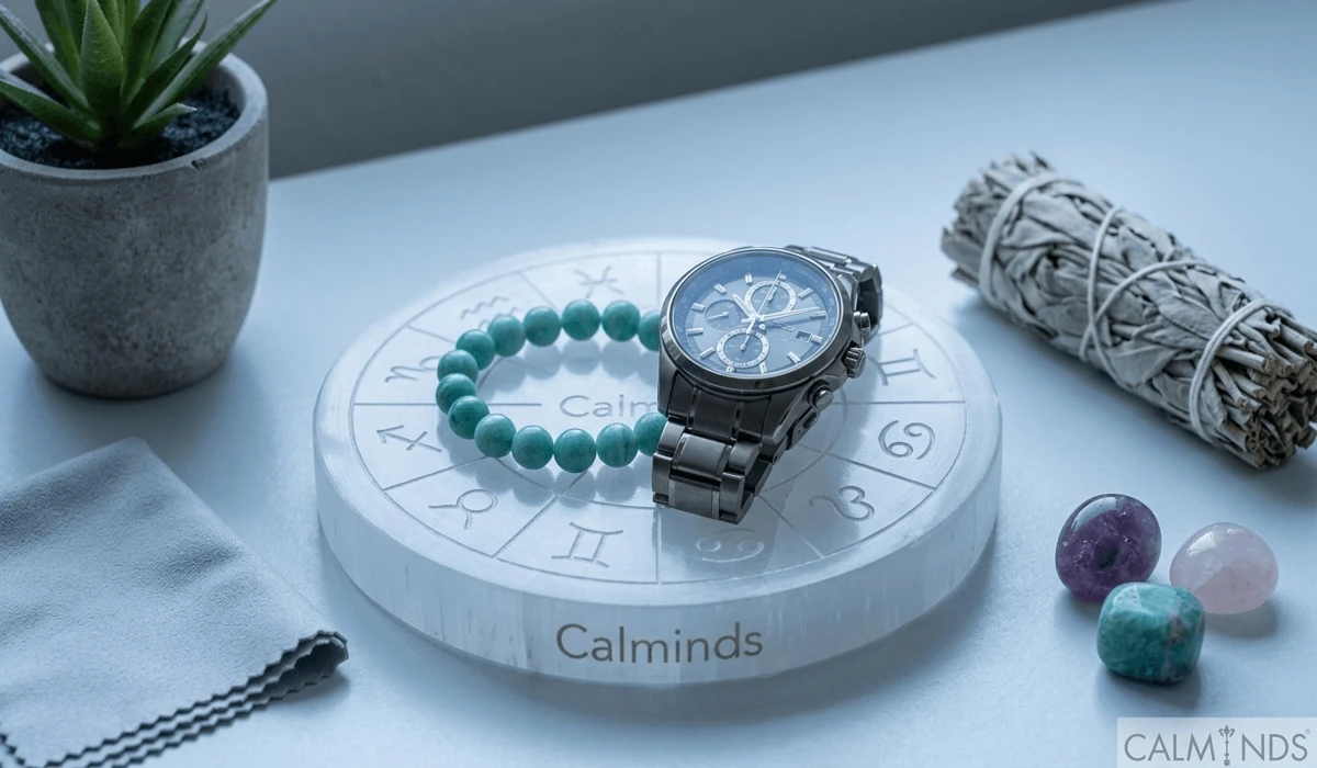 Spiritual gemstone bracelets and a watch being charged on a Selenite plate with sage for energetic cleansing and care.