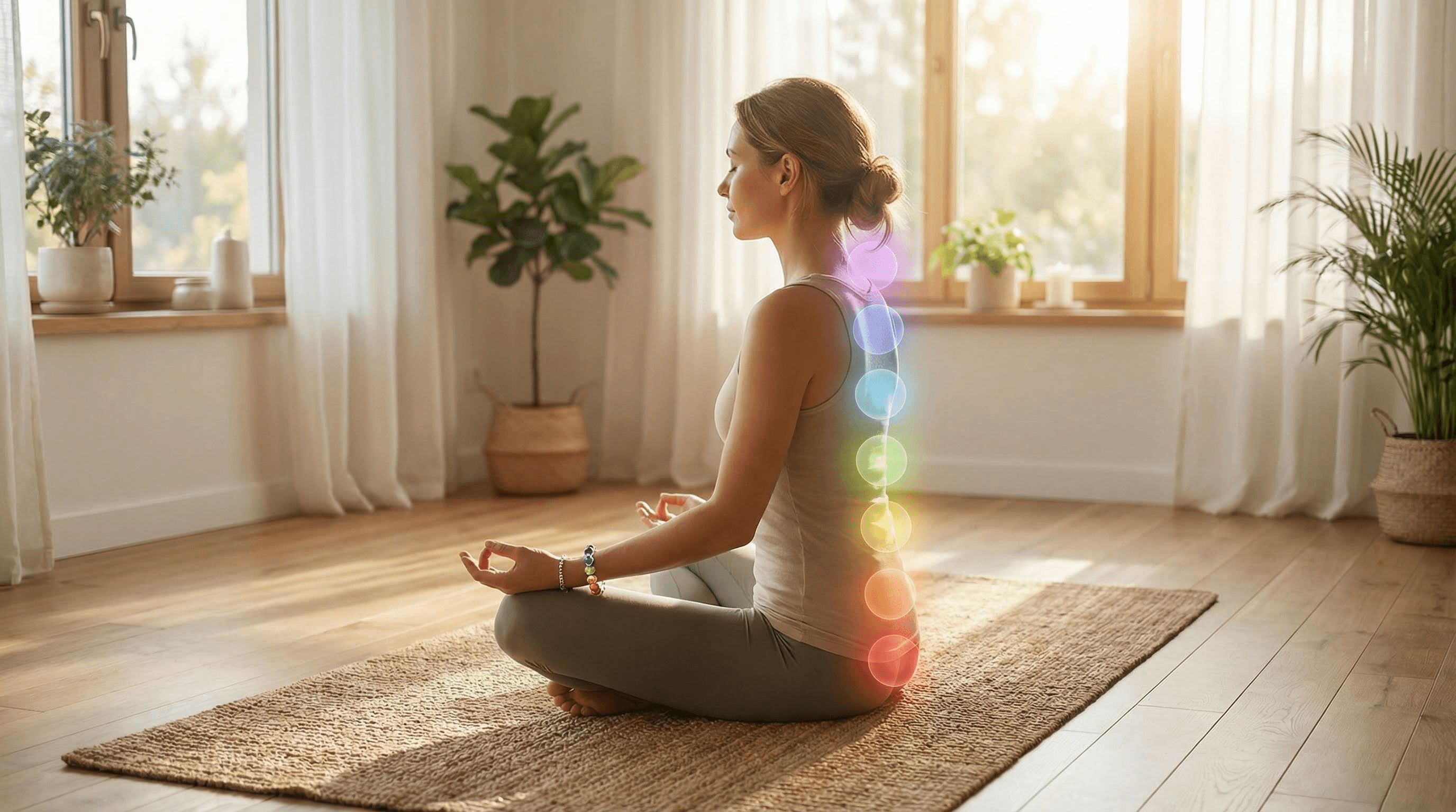 A woman meditating with a 7 chakra bracelet, symbolizing the alignment of the body's energy centers.