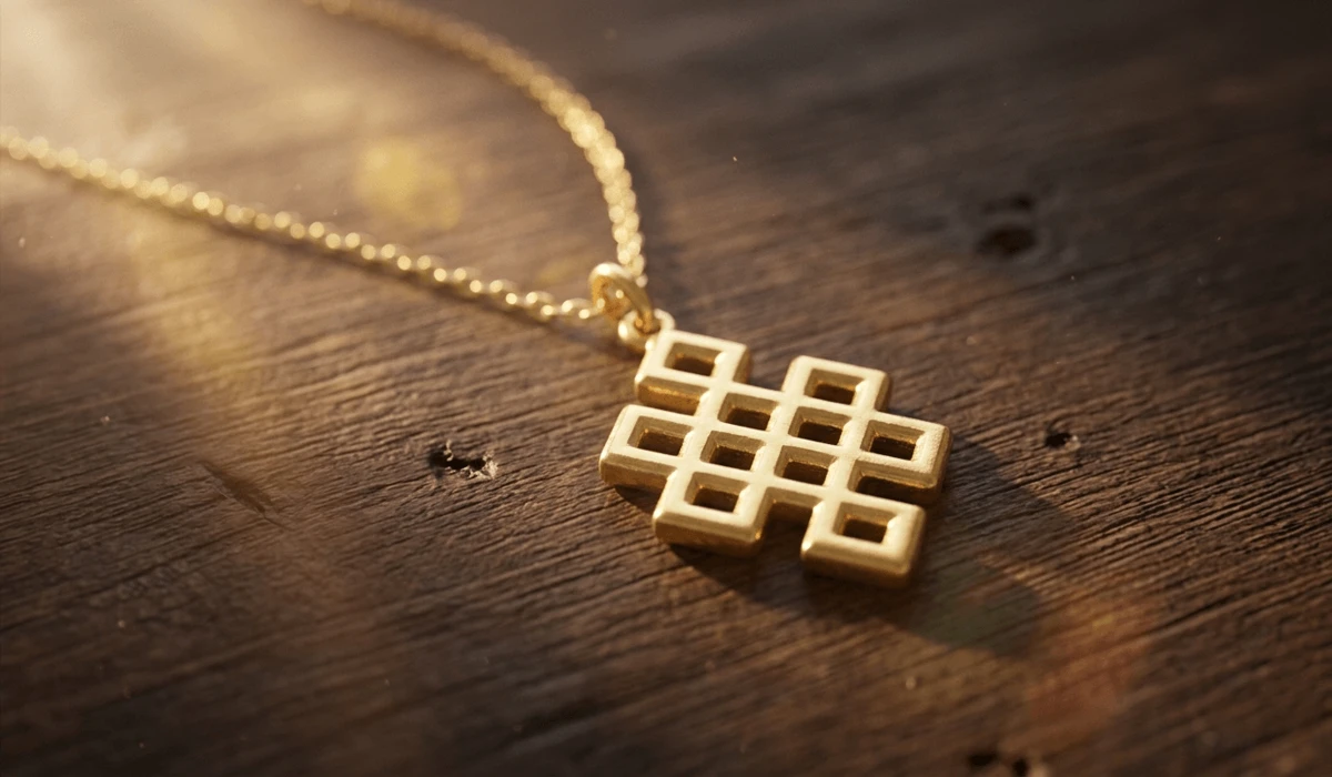 Intricately designed gold endless knot necklace showcasing sacred geometric symmetry