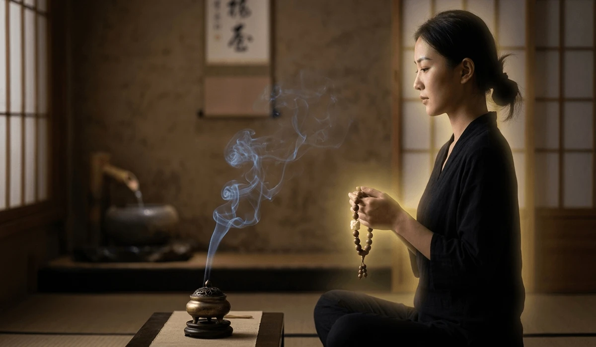 Spiritual meditation scene featuring Agarwood prayer beads and sacred smoke representing healing and higher consciousness.