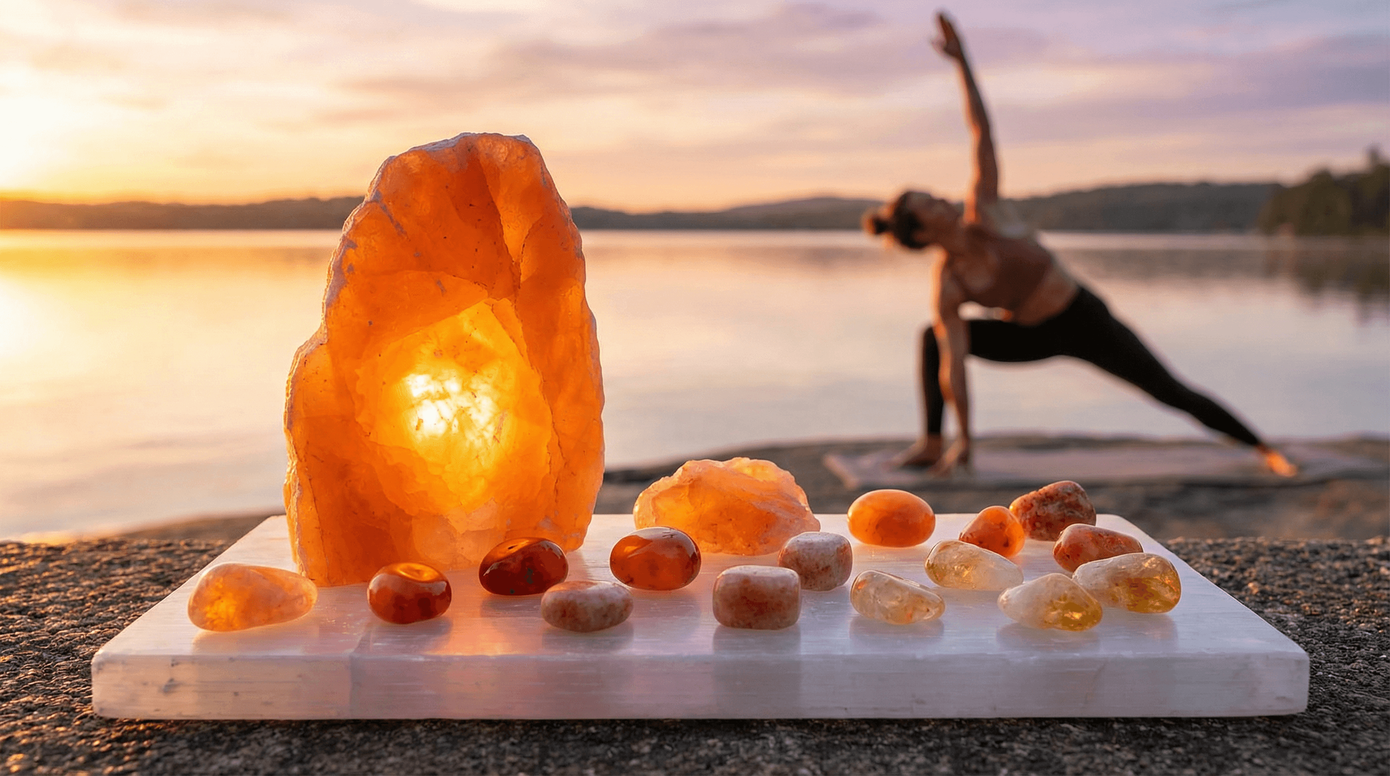 Orange sacral chakra stones being charged in the sunrise light on a Selenite plate to restore their spiritual energy.