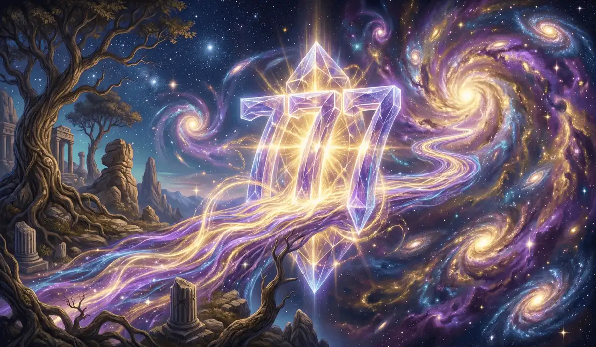 Symbolic representation of angel number 777 acting as a spiritual bridge between the material world and divine manifestation.
