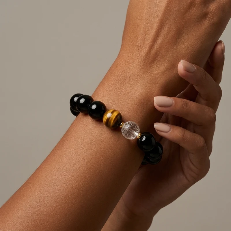 Obsidian, Clear Quartz & Yellow Tiger Eye Bracelet - Protection, Courage & Prosperity