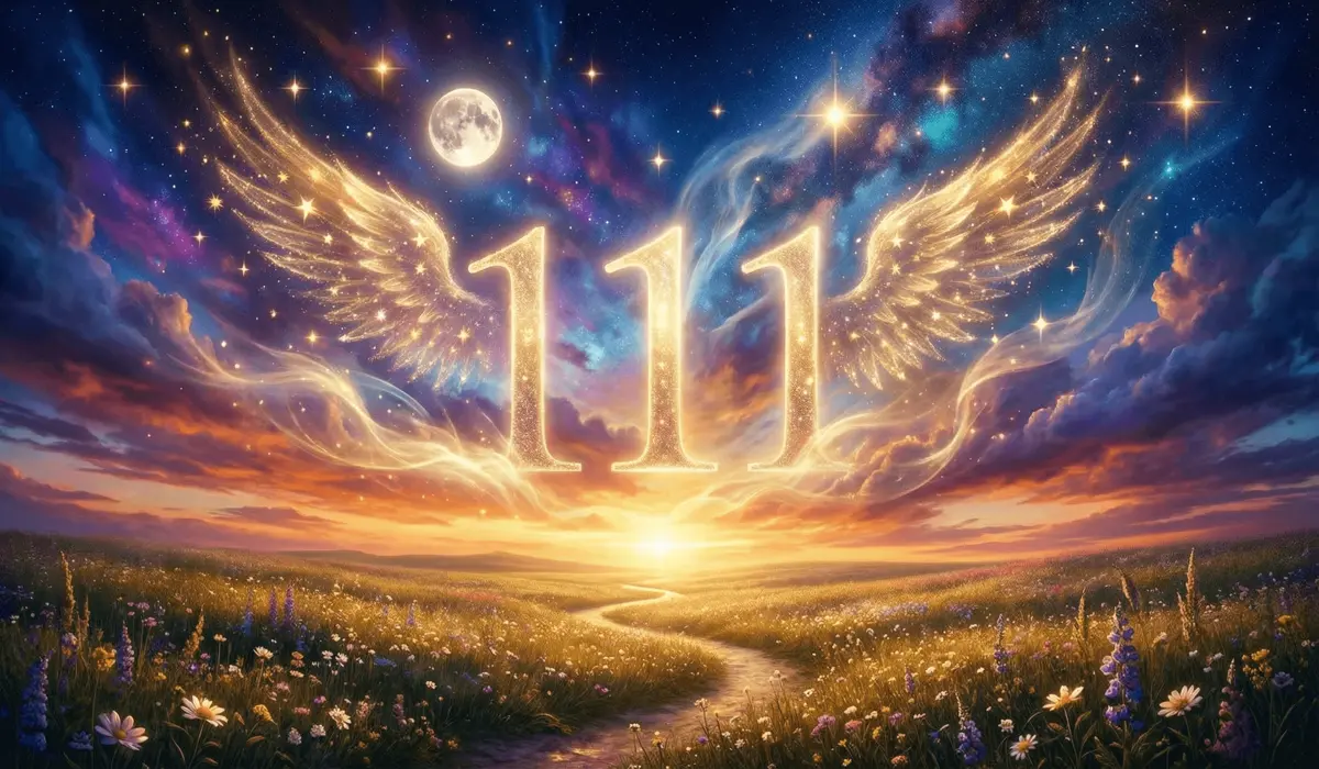 Glowing angel numbers 111 appearing in a twilight sky representing spiritual alignment.