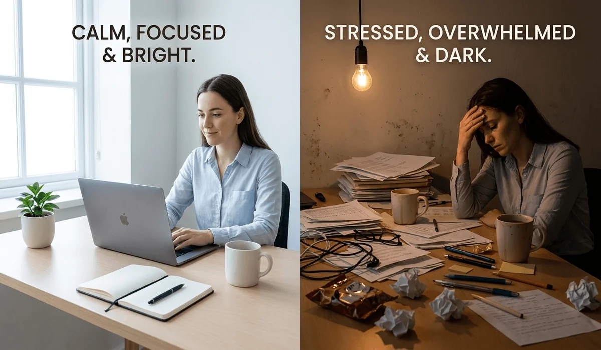 Comparison between a cluttered workspace and an organized home office to show the benefits of tidying.