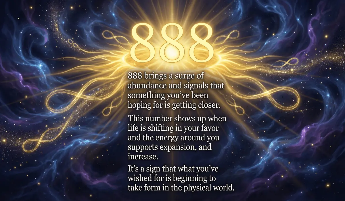 A mystical illustration of the 888 angel number glowing with golden solar energy representing abundance and spiritual alignment.