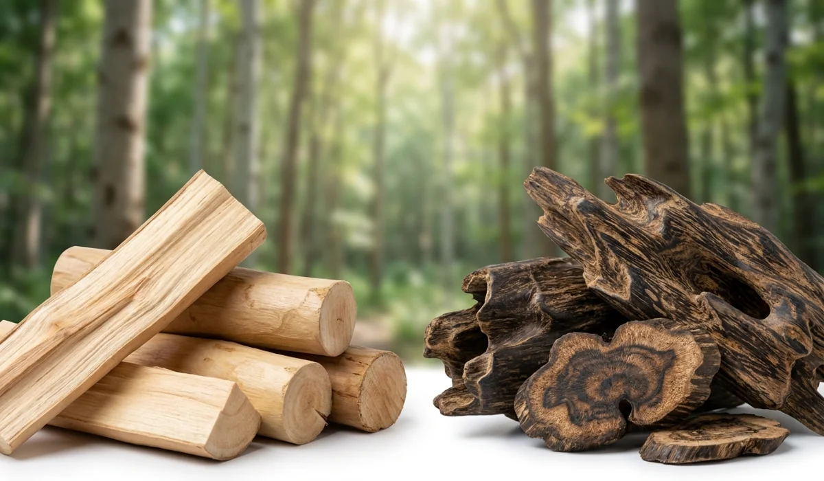 A visual comparison between pale creamy Sandalwood and dark resinous Agarwood pieces in a natural forest setting.