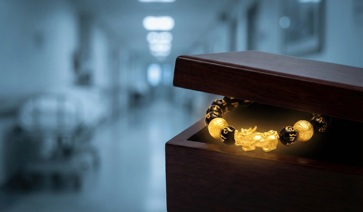 A conceptual image illustrating the removal of a Feng Shui bracelet to protect its energy from the Yin atmosphere of hospitals and funerals.
