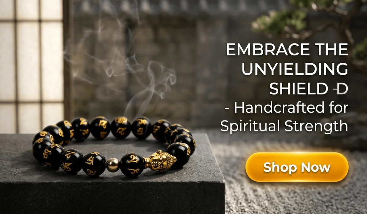 Obsidian Buddha Protection Bracelet - The Unyielding Shield with golden mantra beads on a Zen-style background featuring a Shop Now button