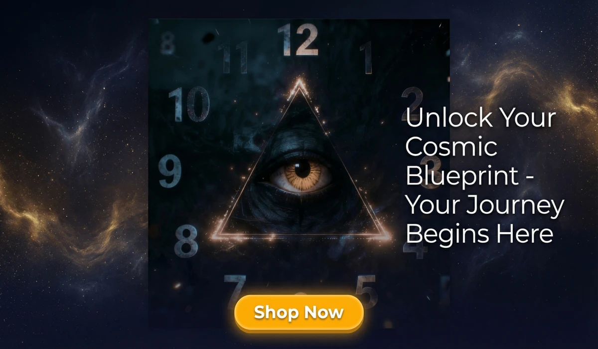 Personalized Birth Chart Report illustration featuring a mystical celestial eye clock and a golden Shop Now button for an astrology blog.