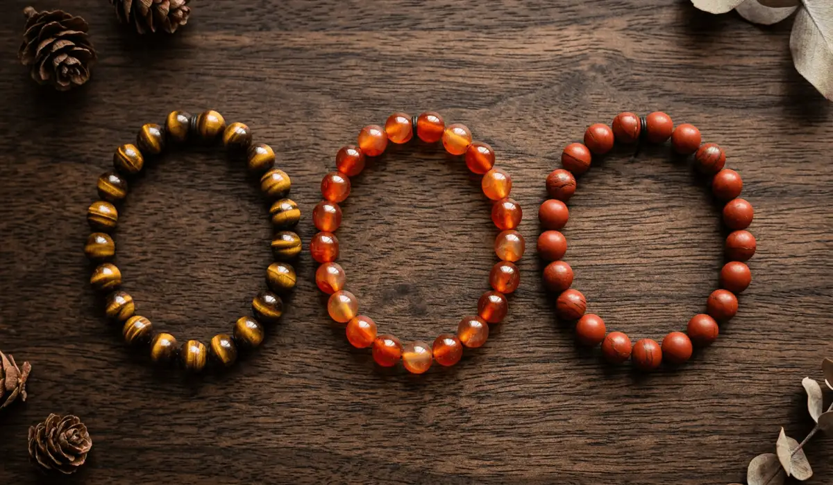 Visual comparison of Carnelian, Tiger's Eye, and Red Jasper gemstone bracelets on a wooden surface.