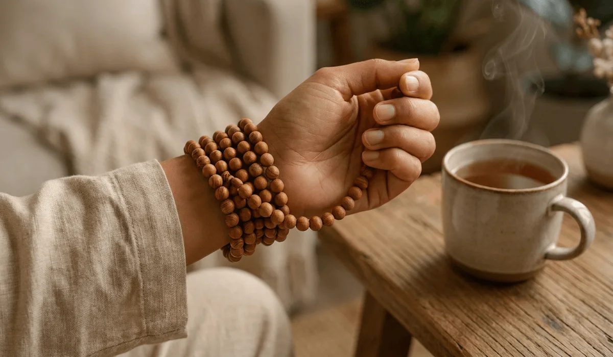 Close-up of a wrapped sandalwood mala bracelet worn on the left wrist for daily mindfulness and peace.