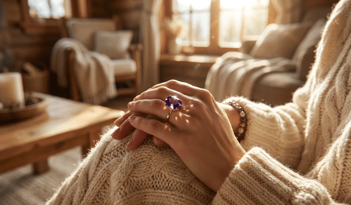 Woman wearing elegant amethyst birthstone jewelry including a gemstone ring and beaded bracelet.